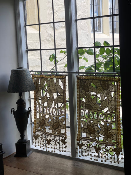 Pair Antique Art Deco French Richelieu Embroidered Linen Cafe Curtains Handmade Sunflower Motif