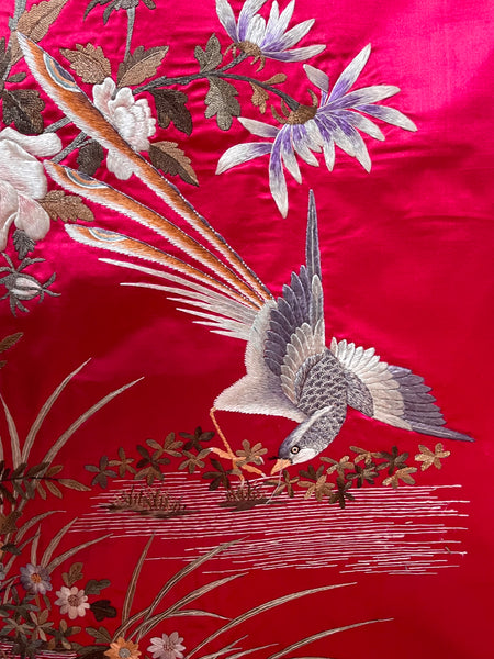 Antique Silk Embroidered Wall Hanging with Birds and Florals: C1900 China