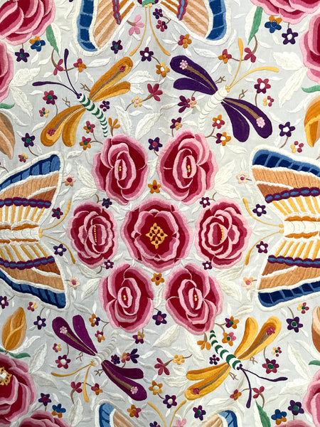Antique Embroidered Bedcover Throw Curtain with Butterflies Florals Dragonflies: C20th Mexico