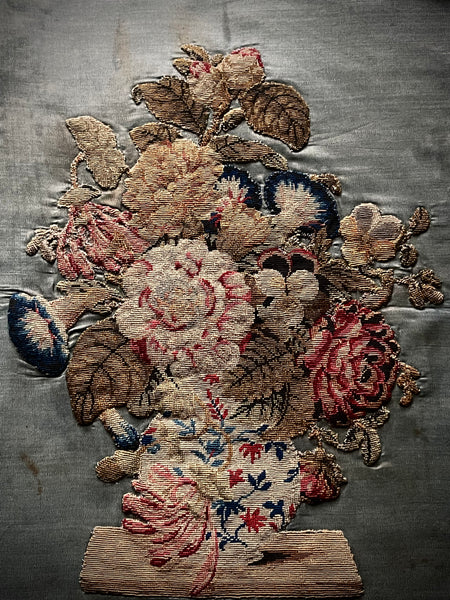 Needlework Tapestry Still Life Vase Garden Flowers: C19th English