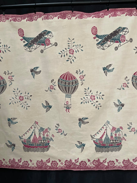 Antique Hand Painted Batik Skirt Panel with Hot Air Balloons Planes & Ships: C20th Java, Indonesia