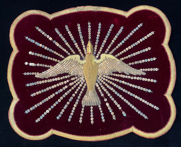 Ecclesiastical Velvet Panel with Gold Embroidered Stumpwork Dove of Peace: C19th France