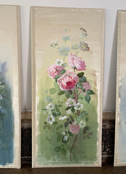 Set of Three Hand Painted Floral Silk Wall Panels :C1920 England