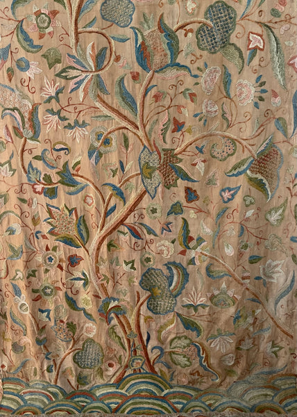 Antique Jacobean Revival Tree of Life Crewelwork Wall Hanging: C1900 Kashmir, India