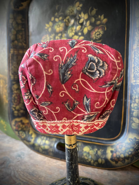 Antique Chintz Traditional Folk Costume Baby’s Bonnet: C18th Marken, Netherlands. Red