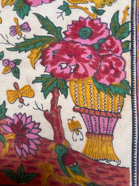 Block Print Tree of Life with Parrots, Peacock, Flowers & Butterflies: C20th India