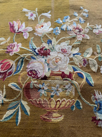 Decorative Unused Antique Tapestry Panel with Vase of Flowers: C1900 France