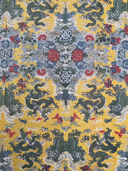 Large Block Printed Chinoiserie Linen with Dragons & Foo Dogs: C20th Britain