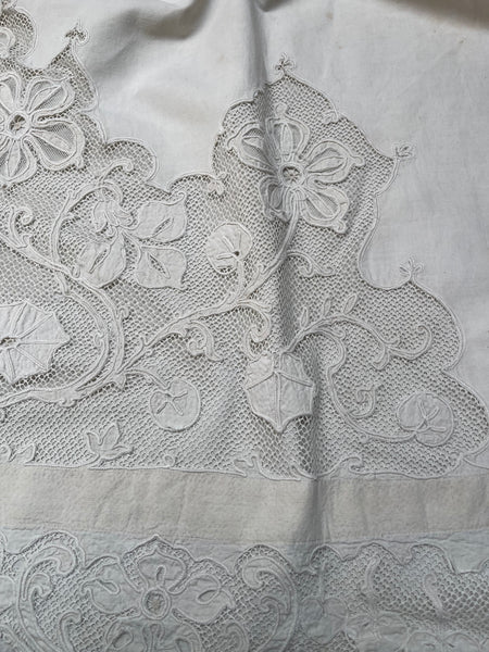 A Pair of Art Nouveau Cutwork and Embroidered Chateau Window Curtain Panels: C1900 France
