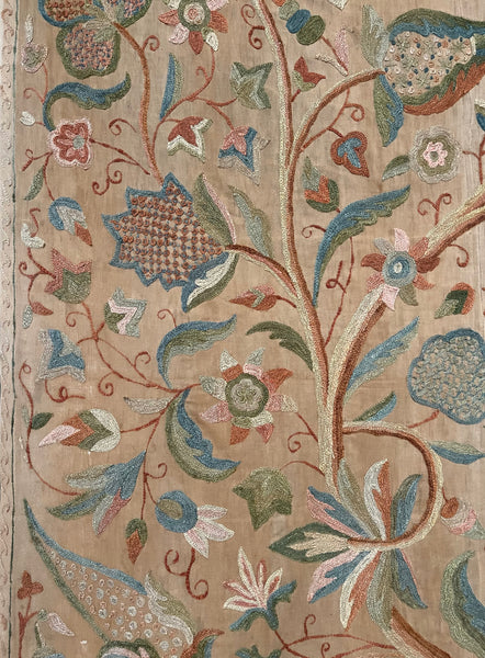 Antique Jacobean Revival Tree of Life Crewelwork Wall Hanging: C1900 Kashmir, India