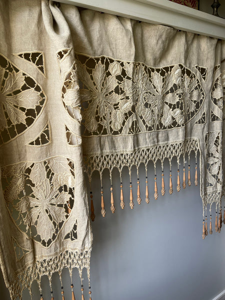 Antique Richelieu Hand Embroidered Pelmet or Café Curtain with Carved Beaded Fringe: C1900 France