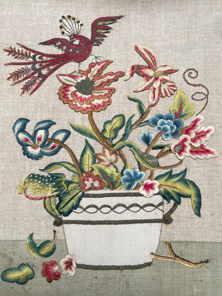 Charming Appliquéd Still Life with Early 18th Century Silk Embroidered Flowers, Bird and Fruit: C1910 English