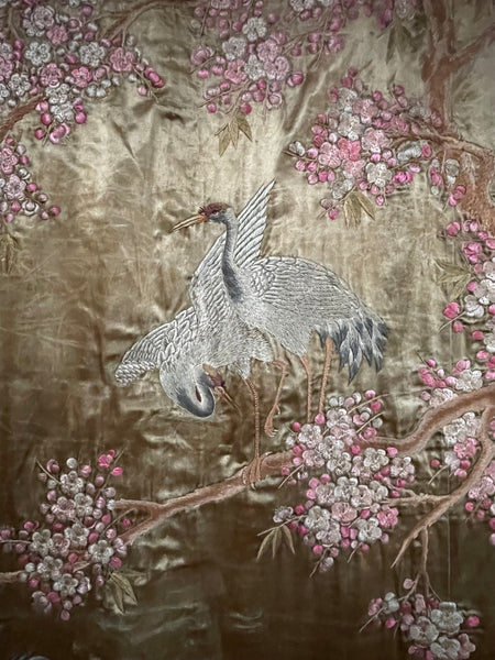 Antique Silk Embroidered Tapestry Wallhanging with Cherry Blossom & Storks: Japanese Meiji Period C19th Century. 223 x 175cm