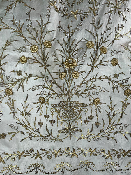 Antique Ottoman Embroidered Powder Blue Silk Satin Gold Embroidered Panels: C19th Turkey