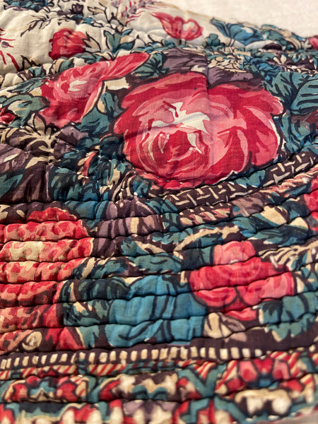 Antique Quilted Block Print & Hand Painted Floral Mezzaro Border: C19th Europe
