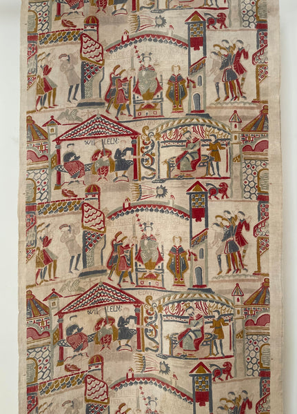 Antique Printed Linen Wallhanging Inspired by Bayeux Tapestry: C1920s Britain