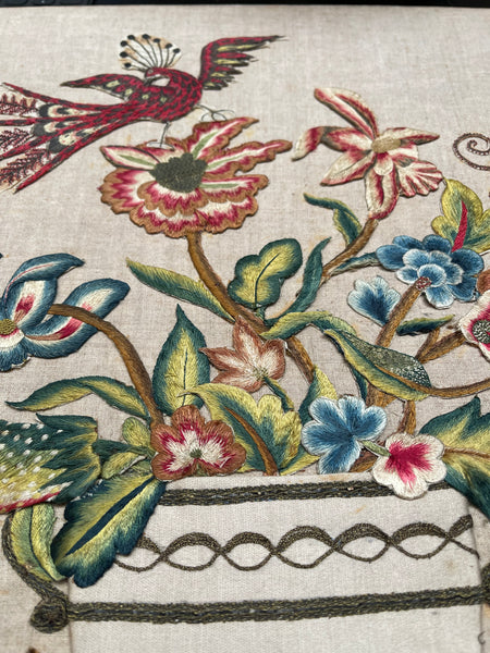 Charming Appliquéd Still Life with Early 18th Century Silk Embroidered Flowers, Bird and Fruit: C1910 English