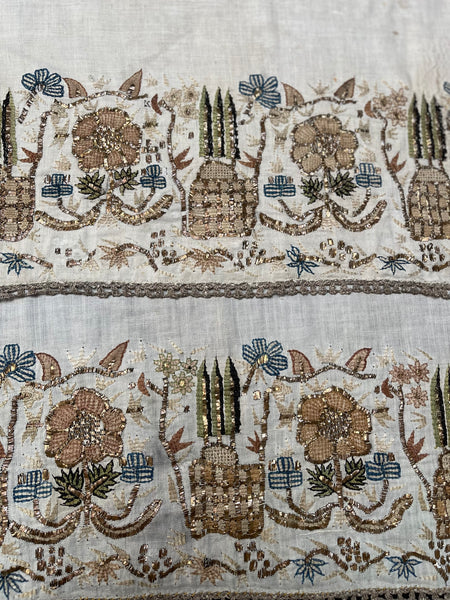 Pair Antique Ottoman Embroideries Silk and Metal Thread With Architectural & Garden Elements: C19th Turkey
