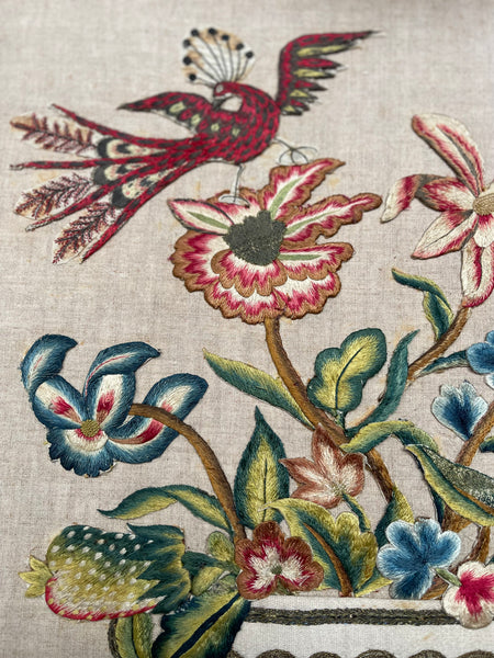 Charming Appliquéd Still Life with Early 18th Century Silk Embroidered Flowers, Bird and Fruit: C1910 English