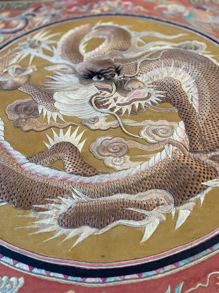 Extraordinarily Fine Stumpwork Embroidered Dragon Chasing Pearl: C1900 Asia