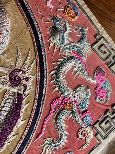 Extraordinarily Fine Stumpwork Embroidered Dragon Chasing Pearl: C1900 China