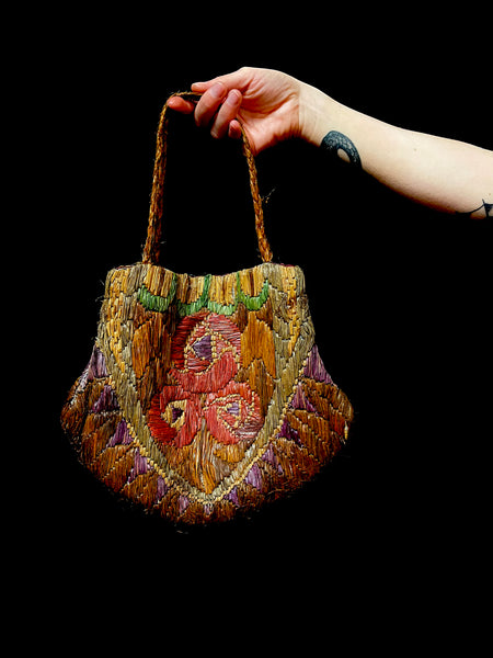 Antique Art Deco Raffia Embroidered Bag: C1920 British