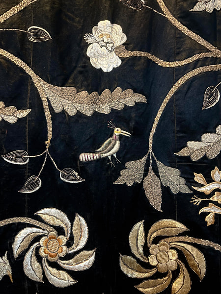 Antique Hand Embroidered Tree of Life Silk Wallhanging with Birds & Flowers: C19th Anglo Indian