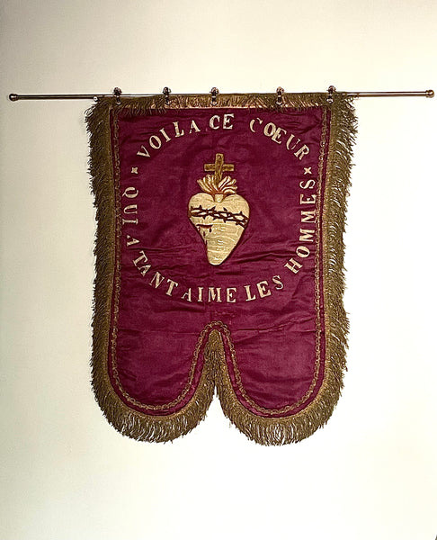 Antique Silk Embroidered Ecclesiastical Wallhanging Banner with Stumpwork Heart: C19th France