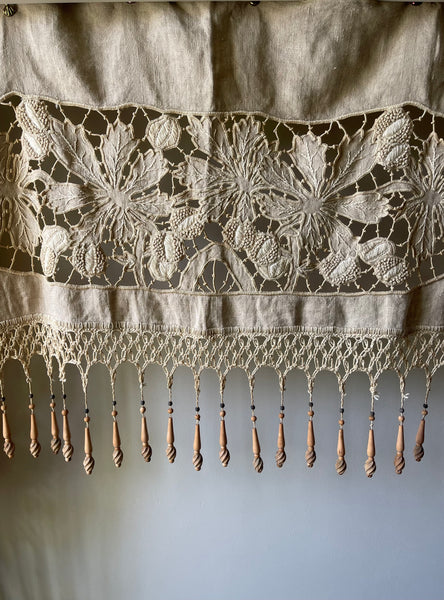 Antique Richelieu Hand Embroidered Pelmet or Café Curtain with Carved Beaded Fringe: C1900 France