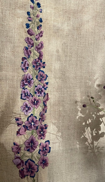 Hand Embroidered Linen Wallhanging with Delphiniums: C1930s Britain
