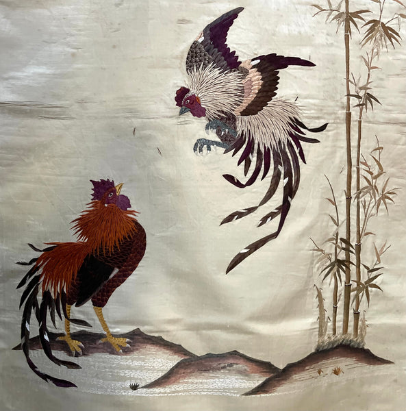 Fine Antique Silk Embroidered Wall Hanging with Cockerels: C19th China