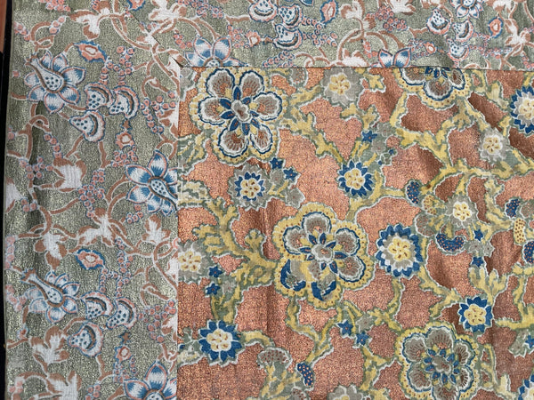 Traditional Block Printed Panel Wrapper Florals with Copper and Gold: C1930s Japan