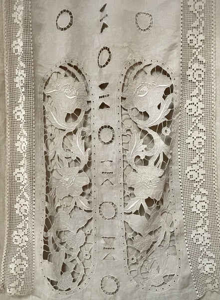 Antique Cutwork Embroidered Richelieu Lace Wallhanging Curtain Panel: C1900 - 1910 France
