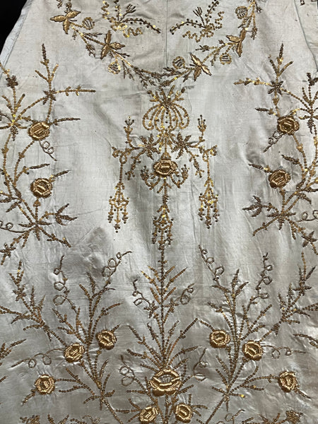 Antique Ottoman Embroidered Powder Blue Silk Satin Gold Embroidered Panels: C19th Turkey