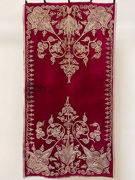 Antique Ottoman Era Magenta Pink Silk Velvet Panel with Traditional Hand Applied Silver Braiding: C19th Algeria