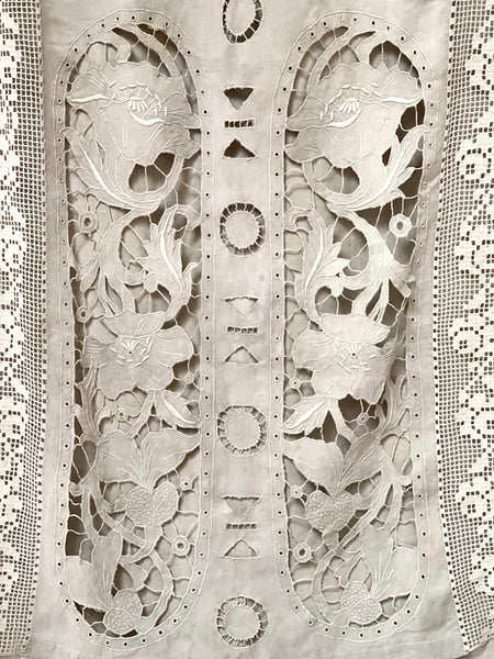 Antique Cutwork Embroidered Richelieu Lace Wallhanging Curtain Panel: C1900 - 1910 France