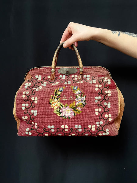 Antique Victorian Needlepoint Embroidered Tapestry Carpet Bag: C19th Greece