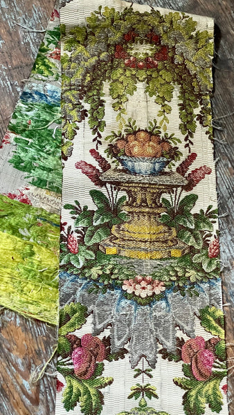 Antique Silk Brocade Panel with Urns & Fruit in Bower: C18th France