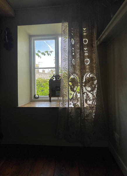 Antique Cutwork Embroidered Richelieu Lace Wallhanging Curtain Panel: C1900 - 1910 France