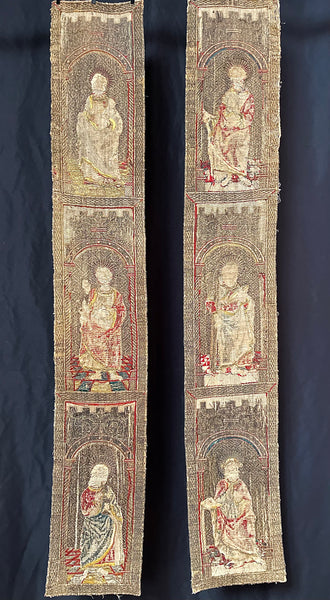 Rare Tudor Orphrey Silk and Metal Thread Embroidered Panels with Iconography Saints: C16th England