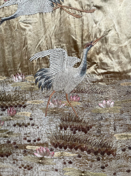 Antique Silk Embroidered Tapestry Wallhanging with Cherry Blossom & Storks: Japanese Meiji Period C19th Century. 223 x 175cm