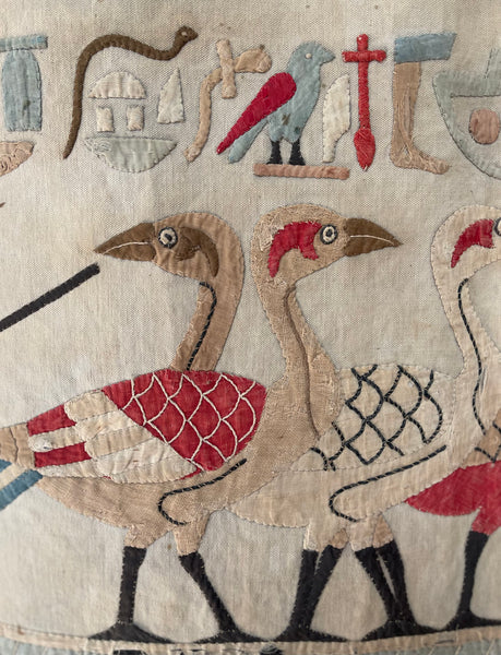 Antique Egyptian Revival Appliqué Wallhanging with Herders, Geese, Hieroglyphics: C1920s Egypt