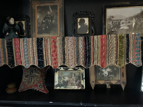 Handmade Victorian Silk Velvet Embroidered Shelf Pelmets x 3: C19th Britain