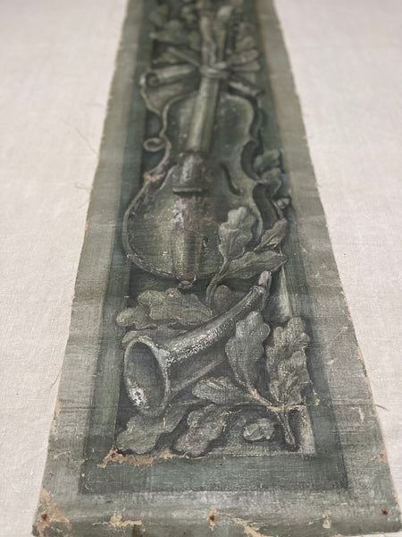 Pair Antique Trompe L’oiel Hand-painted Panels with Neo Classical Music Theme: C19th France