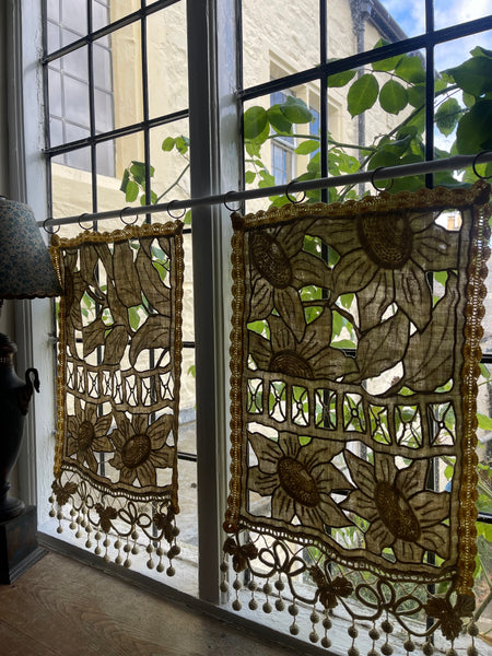 Pair Antique Art Deco French Richelieu Embroidered Linen Cafe Curtains Handmade Sunflower Motif