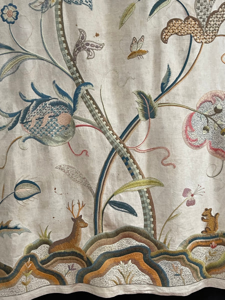 Antique Arts and Crafts Jacobean Revival Crewelwork Tree of Life Wallhanging: Early C20th Britain