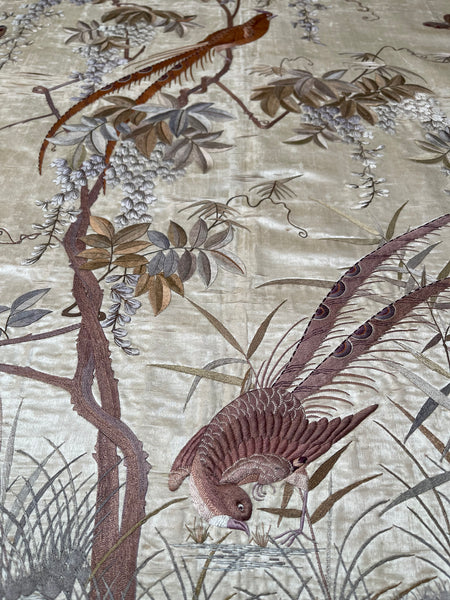 Antique Oval Silk Embroidery with Birds & Butterflies: C19th Qing dynasty, China