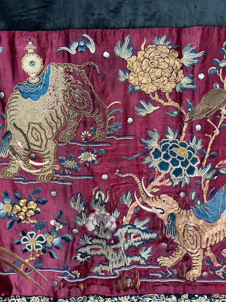 Antique Gilt Thread and Silk Embroidery with Elephants: C19th China
