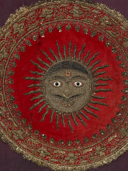 Antique Zardozi Embroidered Sun God on Velvet with Semi Precious Stones: C19th India