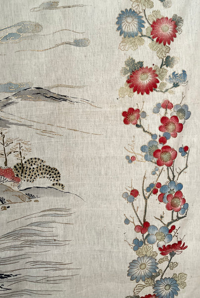 Traditional Block Printed Hand Painted Wallhanging with Mount Fuji: C1930 Japan